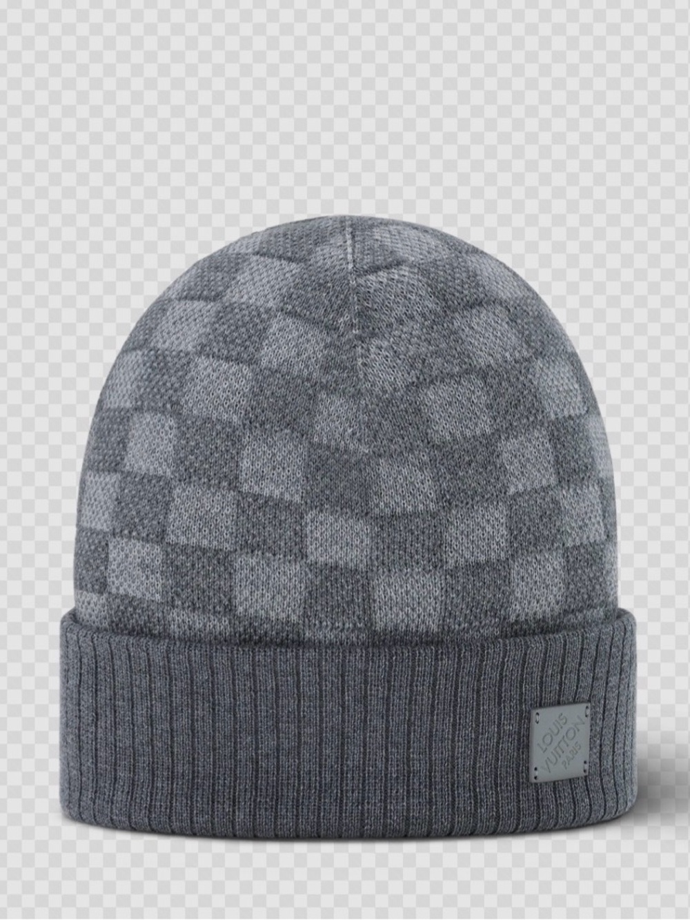 Designer Gray Checker Knit Beanie with Folded Cuff
